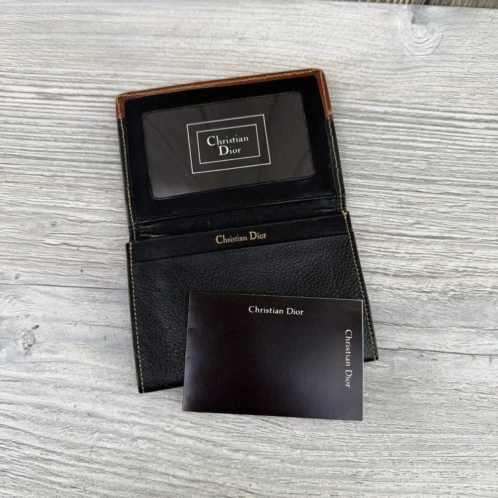 Vintage Christian Dior Leather Checkbook Cover Wallet Black Brown ID Holder